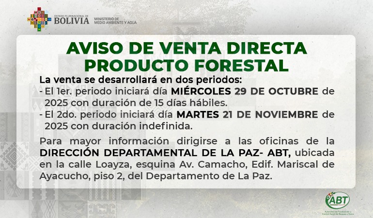 AVISO DE VENTA DIRECTA - 29 DE OCTUBRE EN LA PAZ